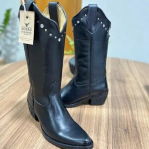 Texana Virgínia Bico Fino - Couro Látego Preto/Sem Bordado All-Black com Metais