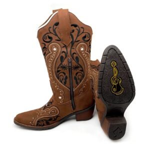 Texana Florência Bico Fino - Couro Crazy Horse Nescau | Bordados Preto, Bege e Branco