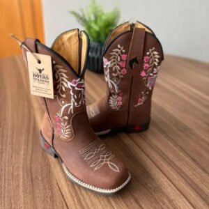 Texana Júlia Infantil - Couro Horse Nescau/Bordado Cavalo Branco e Rosa