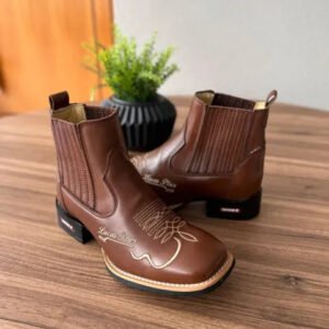 Botina Bento - Couro Látego Marrom/ Bordado Violão Bege