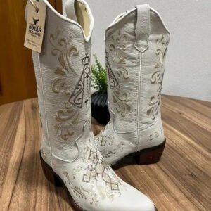 Texana Maria Bico Fino - Couro Off-White/Bordado Padroeira Marrom e Bege