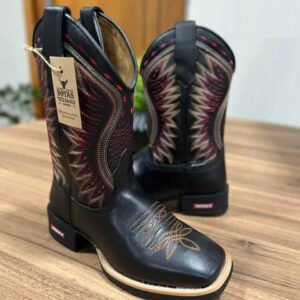 Texana Eduardo - Couro Látego Preto/ Bordado Ramos Vermelho e Bege