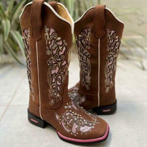 BOTA TEXANA LASER GLITTER ROSA COM STRASS COURO MARROM SOLADO VIRA ROSA