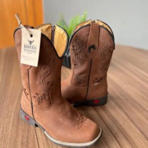 Texana Jessica Infantil - Couro Horse Nescau/Bordado Ramos Marrom