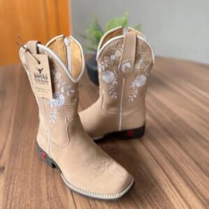 Texana Cecília Infantil - Couro Nobuck Areia/Bordado Flores Branco e Bege