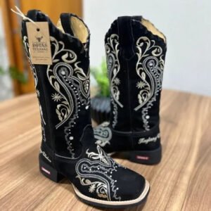 Texana Alice - Couro Nobuck Preto/Bordado Tribal Bege com Tricê