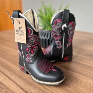 Texana Ágata Infantil - Couro Látego Preto/Bordado Ramos Rosa
