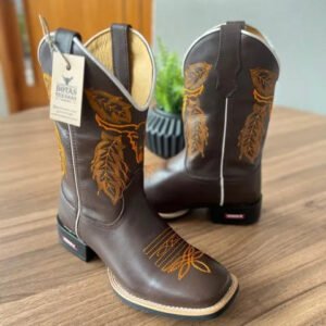 Texana Benício - Couro Látego Marrom/Bordado Touro Laranja