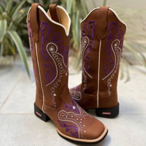 BOTA TEXANA TRIBAL ROXO E BRANCO COURO MARROM