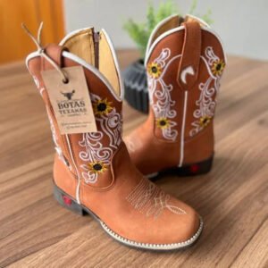 Texana Melinda Infantil - Couro Horse Telha/Bordado Girassol