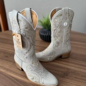 Texana Alice Bico Fino - Couro Off-White/Bordado Tribal Bege com Metais