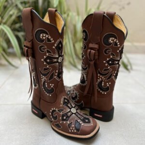 BOTA TEXANA LASER CRUZ BRIDÃO GLITTER PRETO COM METAIS COURO MARROM COM TIRINHAS