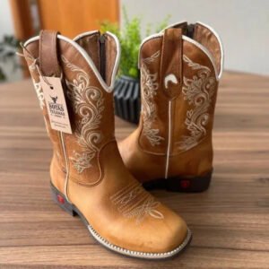 Texana Jessica Infantil - Couro Fóssil Havana/Bordado Ramos Bege