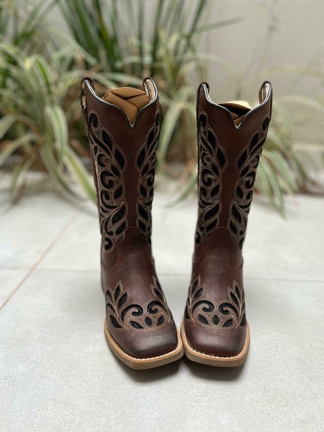 BOTA TEXANA LASER RAMOS GLITTER PRETO COURO MARROM - Imagem 2