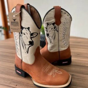 Kit Texana Caio + Faca - Couro Off-White e Horse Telha/ Bordado Boi Preto