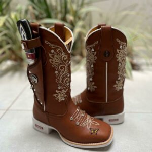 KIT TEXANA BORDADO RAMOS FLORÃO COM BORBOLETA COURO MARROM COM STRASS + BAINHA + FACA