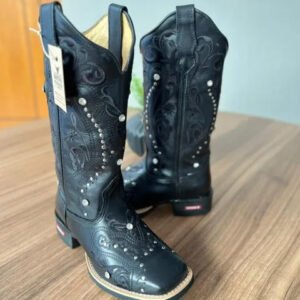 Texana Alice - Couro Látego Preto/Bordado Tribal Preto com Metais