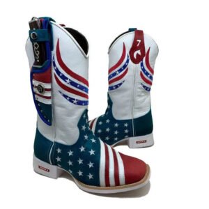 BotaFaca Americana Gold
- Couro Cano Napa Flay Branco | Couro Gaspea Fóssil Bic e Vermelho | Bordado Estrelas Brancas