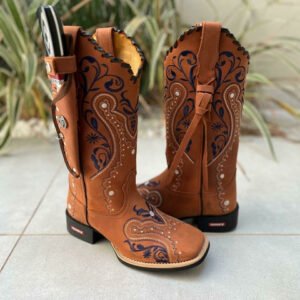 KIT TEXANA TRIBAL AZUL COURO HORSE TELHA COM TRICÊ E TIRINHAS + BAINHA + FACA