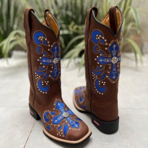 BOTA TEXANA BORDADO CRUZ BRIDÃO AZUL COM METAIS COURO MARROM