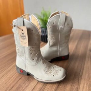 Texana Maitê Infantil - Couro Off-White/Bordado Florência Bege com Metais