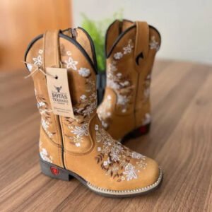 Texana Maitê Infantil - Couro Fóssil Havana/Bordado Florência Marrom e Bege