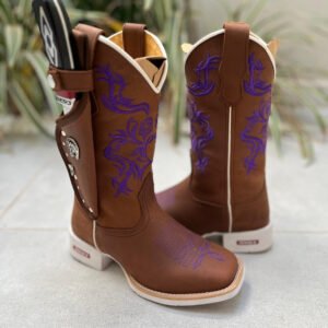 KIT TEXANA BORDADO FLORES ROXAS COURO MARROM + BAINHA + FACA