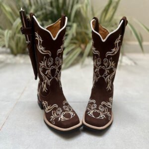 KIT TEXANA BORDADO FLORES COURO NOBUCK MARROM + BAINHA + FACA