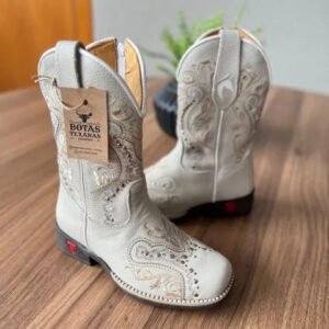 Texana Alice Infantil - Couro Off-White/Bordado Tribal Bege