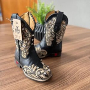 Texana Geovana Infantil - Couro Látego Preto/Bordado Ramos Bege com Metais