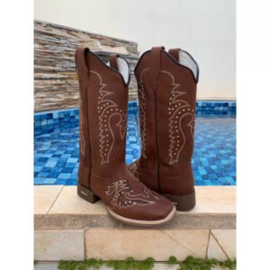 BOTA TEXANA EM COURO BORDADO CHEIO PONTILHADO SOLADO MARROM