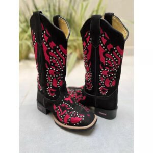 BOTA TEXANA EM COURO PRETO BORDADO VERMELHO + METAIS