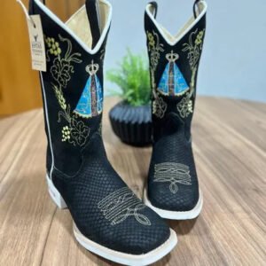 Texana João - Couro Nobuck e Tilápia Preto/ Bordado Padroeira Azul