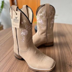 Texana Cecília - Couro Nobuck Areia/ Bordado Flores Bege e Rosa (Solado Madeira)