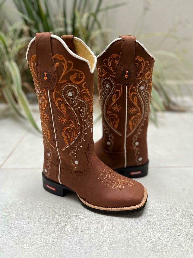 BOTA TEXANA TRIBAL E FLORÃO LARANJA COURO MARROM