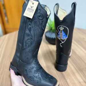 Texana Maria Alice - Couro Látego Preto/ Bordado Tribal  Preto com Cruz e Padroeira