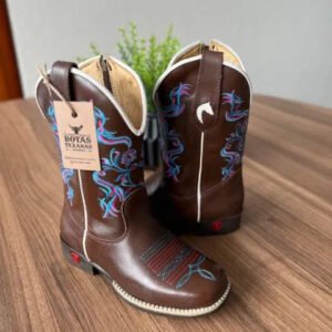 Texana Manuela Infantil - Couro Látego Marrom/Bordado Ramos Rosa e Azul