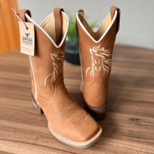 Texana Carlos - Couro Fóssil Havana/Bordado Cavalo Bege