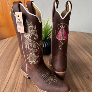 Texana Luana Bico Fino - Couro Horse Nescau/Ramos bege e Padroeira Rosa