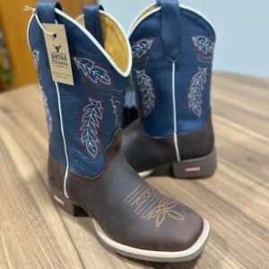 Texana Davi - Couro Napa Flay Azul e Horse Nescau/Bordado Touro Marrom