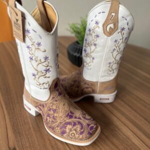 Texana Anelise - Couro Floatter Branco e Nobuck Areia/Bordado Flores e Cavalo Lilás