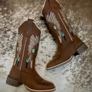 Texana Cocar Feminina 2.0 - Couro Crazy Horse Nescau | Bordados Bege e Verde