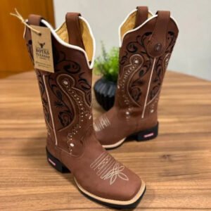 Texana Alice - Couro Horse Nescau/Bordado Meia Tribal Preto