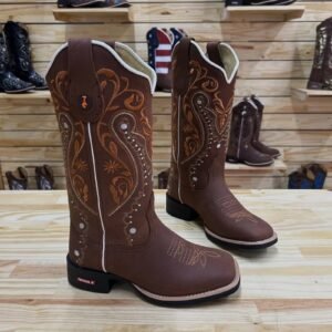 BOTA TEXANA - COURO HORSE NESCAU BORDADO MEIA FLORÊNCIA FERRUGEM