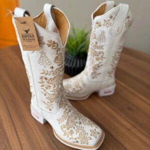 Texana Maitê - Couro Floatter Branco/Bordado Florência Bege com Padroeira e Metais