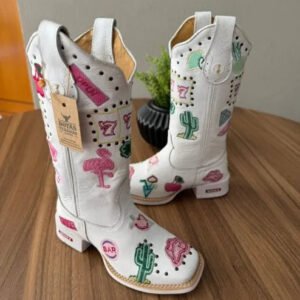 Texana Fabiana - Couro Floatter Branco/Bordado Símbolos