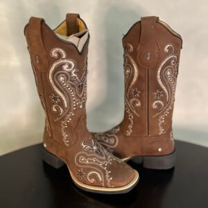 BOTA TEXANA LASER TRIBAL GLITTER ROSA BEBÊ COM STRASS COURO MARROM