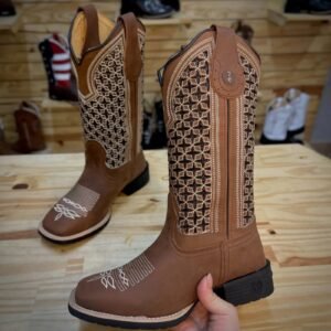 Texana Ouro Cano Feminino - Couro Crazy Horse Nescau | Glitter Preto | Bordado Bege e Preto