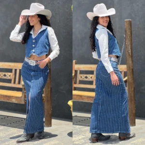 Conjunto Consciência Jeans Colete e Saia Risca de Giz