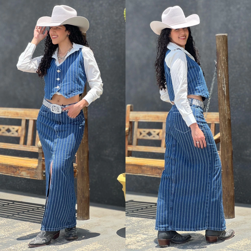 Conjunto Consciência Jeans Colete e Saia Risca de Giz